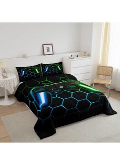 Erosebridal Gamer Comforter Sets for Boys Gaming Bedding Sets All Season, Glitter Geometric Honeycomb Hexagon Down Comforter Full Bedroom Decor, Neon Light Game Console Quilted Duvet + 2 Pillowcases, Blue Green  - Image 3