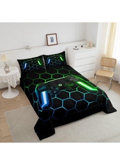 Erosebridal Gamer Comforter Sets for Boys Gaming Bedding Sets All Season, Glitter Geometric Honeycomb Hexagon Down Comforter Full Bedroom Decor, Neon Light Game Console Quilted Duvet + 2 Pillowcases, Blue Green  - Image 4