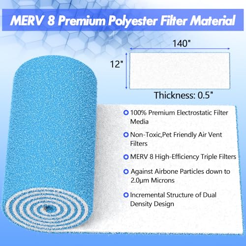 WAWINY Air Vent Filter Kit - 12" x 140" Cut to Fit Air Filter Materials MERV 8 Electrostatic Media Roll for Home Floor, Ceiling, AC, HVAC, RVC Furnace Vents, With 48PCs Adhesive Hook Tape - Image 3
