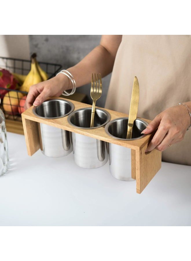 IMEEA Flatware Organizer Caddy with Wood Base SUS304 Stainless Steel Cutlery Utensil Holder for Kitchen Countertop - Image 2