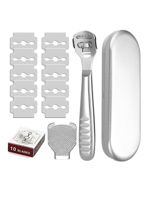 Foot Files for Hard Skin, 2 in 1 Foot Scraper Hard Skin Remover with 10 Replacement, Professional Stainless Steel Pedicure Callus Shaver Set Foot Care Tools