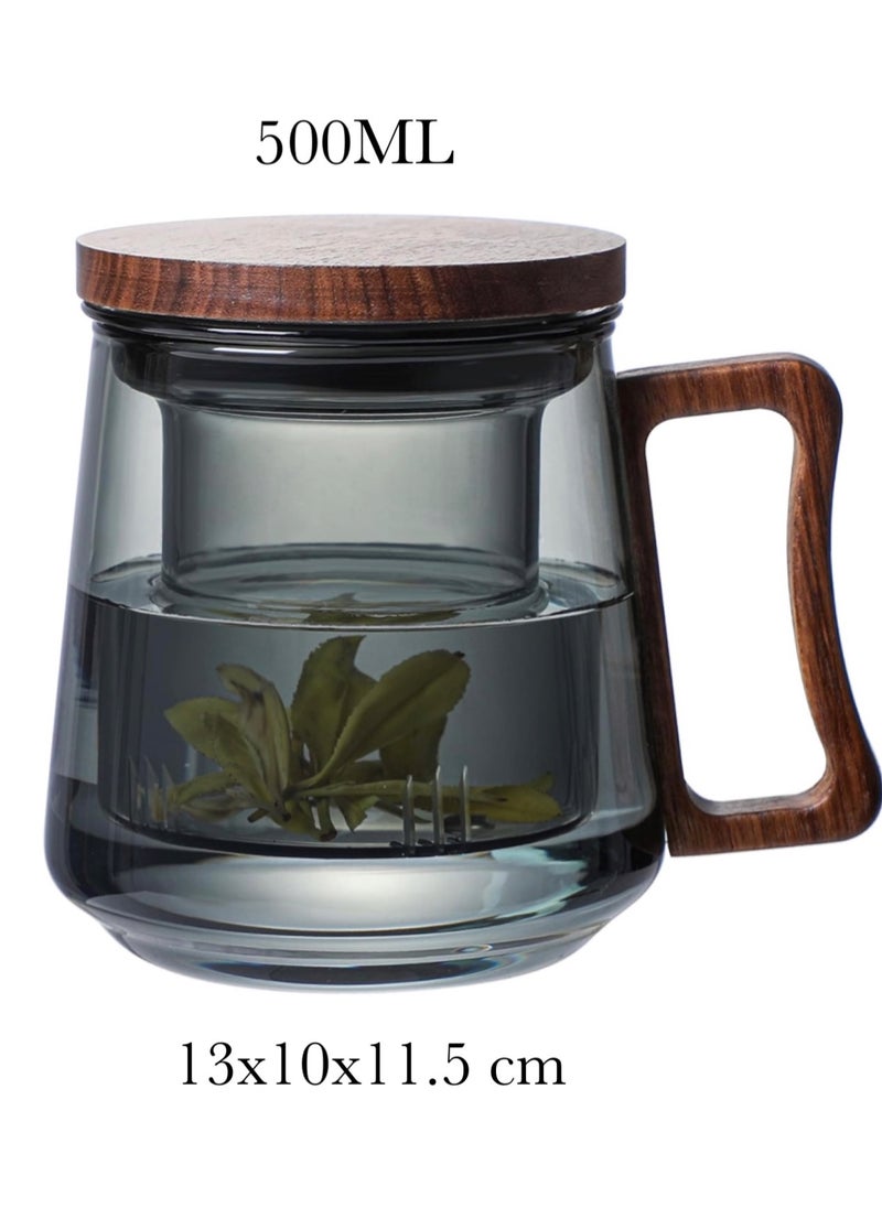 Generic - Borosilicate Glass Tea Mug with Infuser, Smoky Grey, 500ml, with Walnut Lid and Wooden Handle – Perfect for Blooming Tea - Image 1