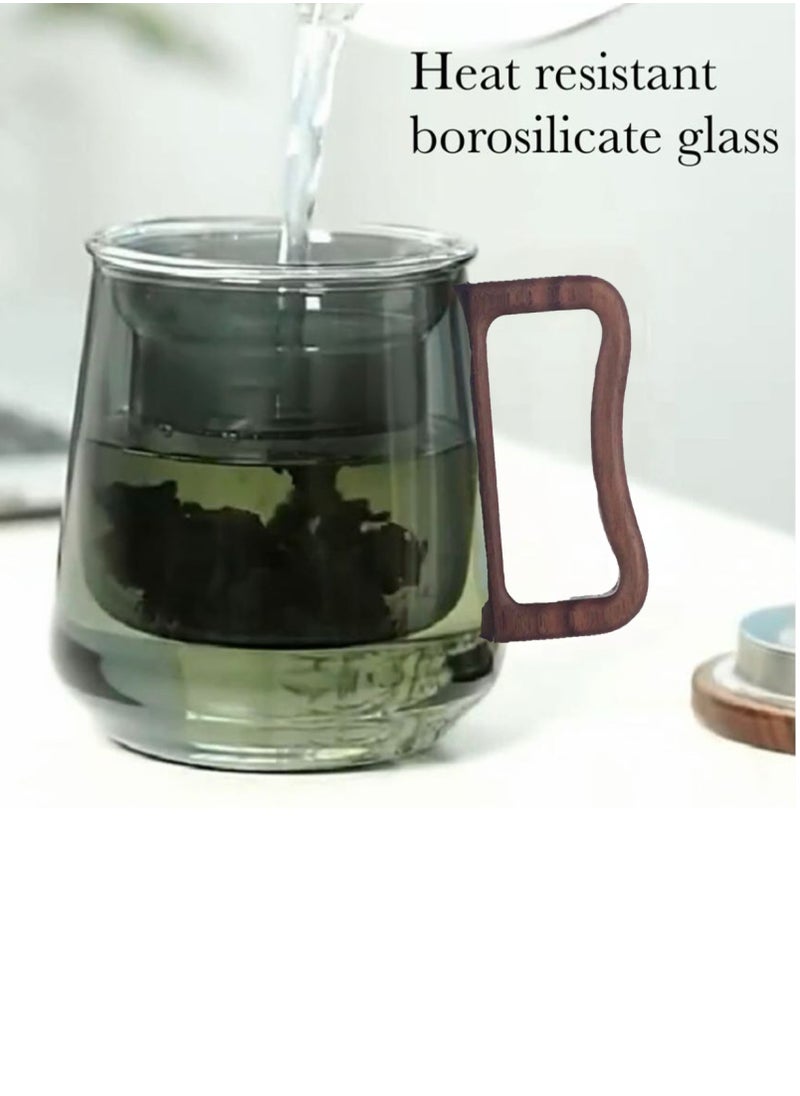 Generic - Borosilicate Glass Tea Mug with Infuser, Smoky Grey, 500ml, with Walnut Lid and Wooden Handle – Perfect for Blooming Tea - Image 1