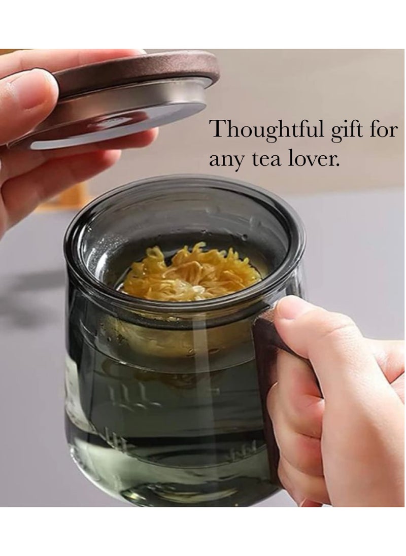 Generic - Borosilicate Glass Tea Mug with Infuser, Smoky Grey, 500ml, with Walnut Lid and Wooden Handle – Perfect for Blooming Tea - Image 1