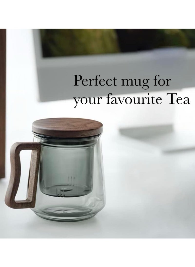 Generic - Borosilicate Glass Tea Mug with Infuser, Smoky Grey, 500ml, with Walnut Lid and Wooden Handle – Perfect for Blooming Tea - Image 1