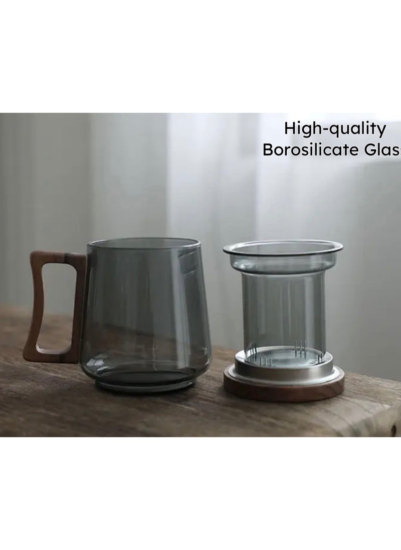 Generic - Borosilicate Glass Tea Mug with Infuser, Smoky Grey, 500ml, with Walnut Lid and Wooden Handle – Perfect for Blooming Tea - Image 1