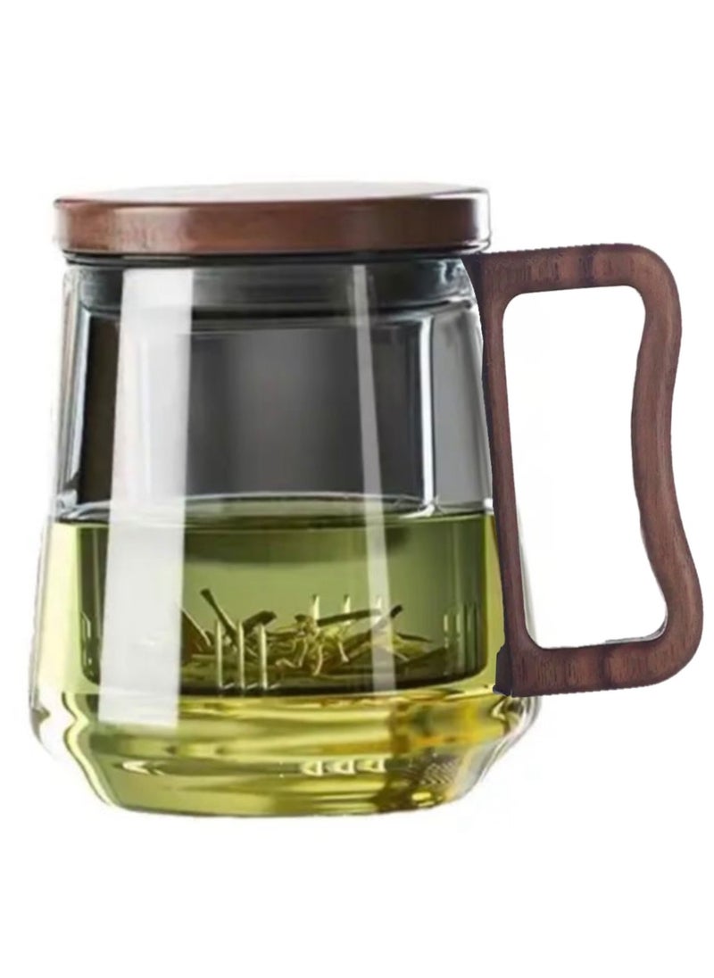 Generic - Borosilicate Glass Tea Mug with Infuser, Smoky Grey, 500ml, with Walnut Lid and Wooden Handle – Perfect for Blooming Tea - Image 1