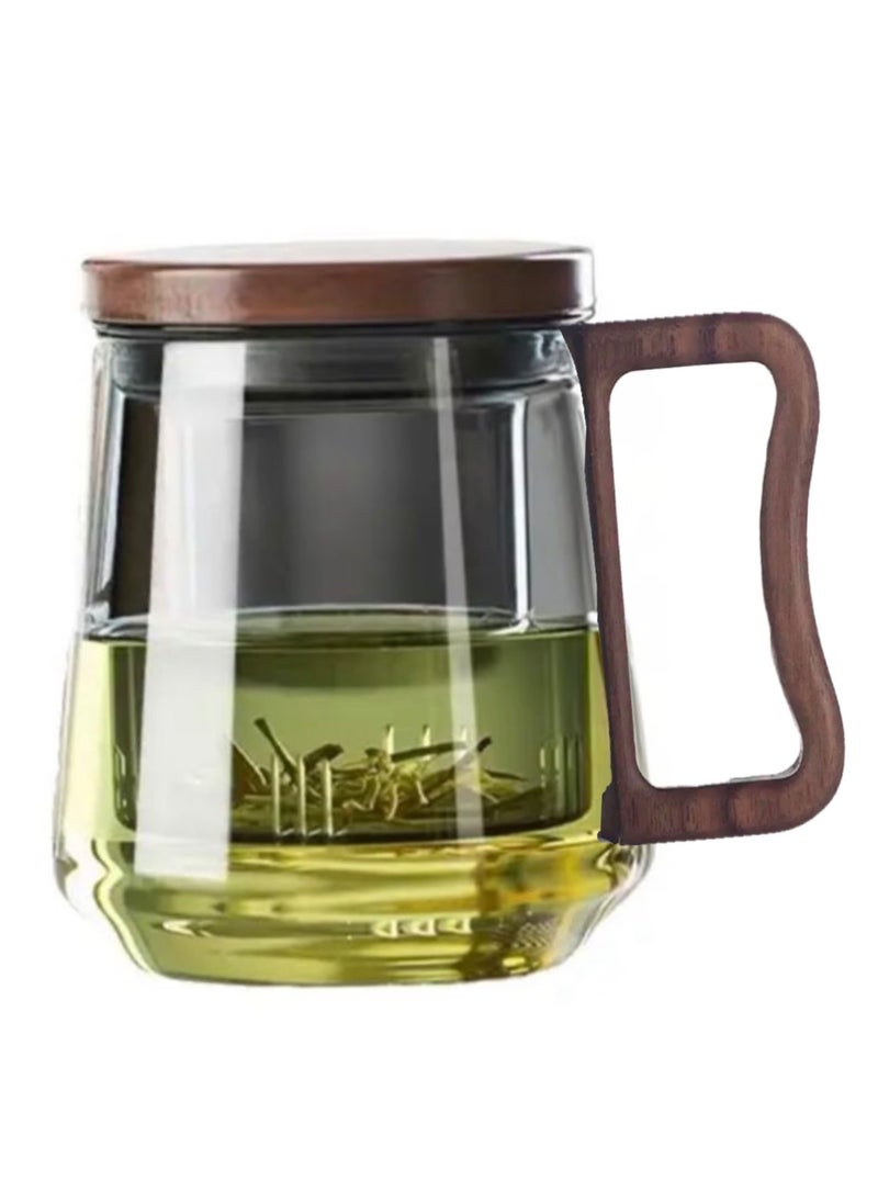 Generic - Borosilicate Glass Tea Mug with Infuser, Smoky Grey, 500ml, with Walnut Lid and Wooden Handle – Perfect for Blooming Tea - Image 1