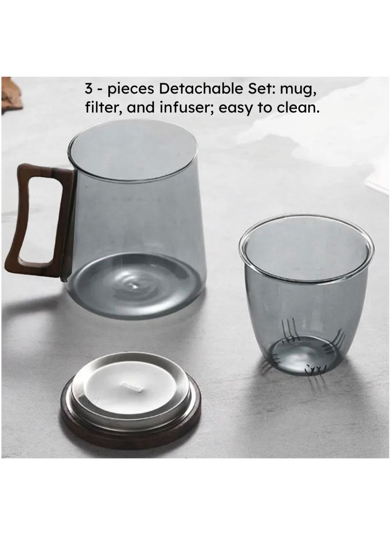 Generic - Borosilicate Glass Tea Mug with Infuser, Smoky Grey, 500ml, with Walnut Lid and Wooden Handle – Perfect for Blooming Tea - Image 1