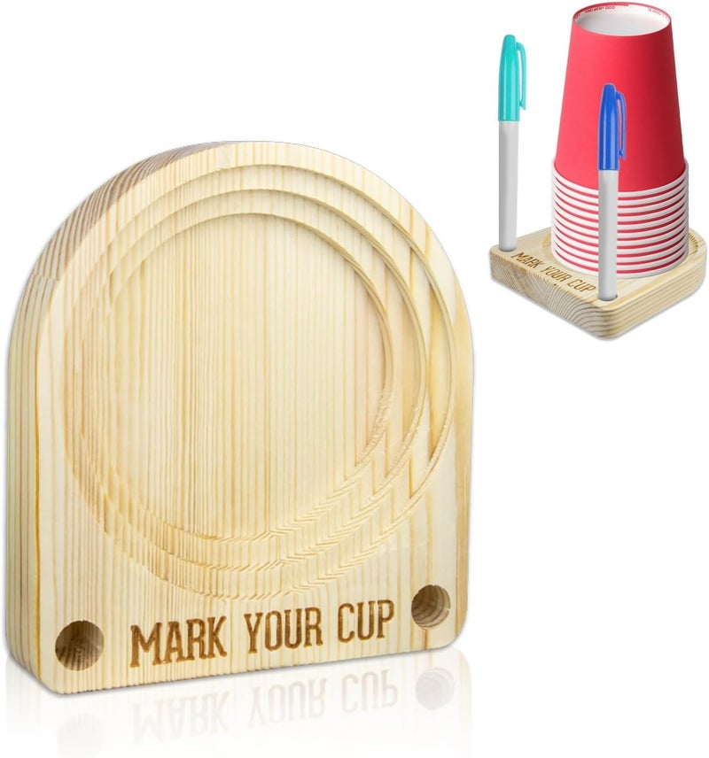 Gfdoso Cup Holder with Marker Slot - Wooden Cup Holder with Marker Slot Suitable for Marking Cup Holders at Party, Kitchen Countertop, Picnic and Social Gathering - Image 1