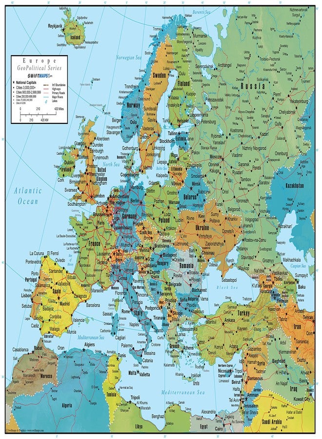 Swiftmaps Europe Wall Map GeoPolitical Edition by Swiftmaps (18x22 Laminated) - Image 1