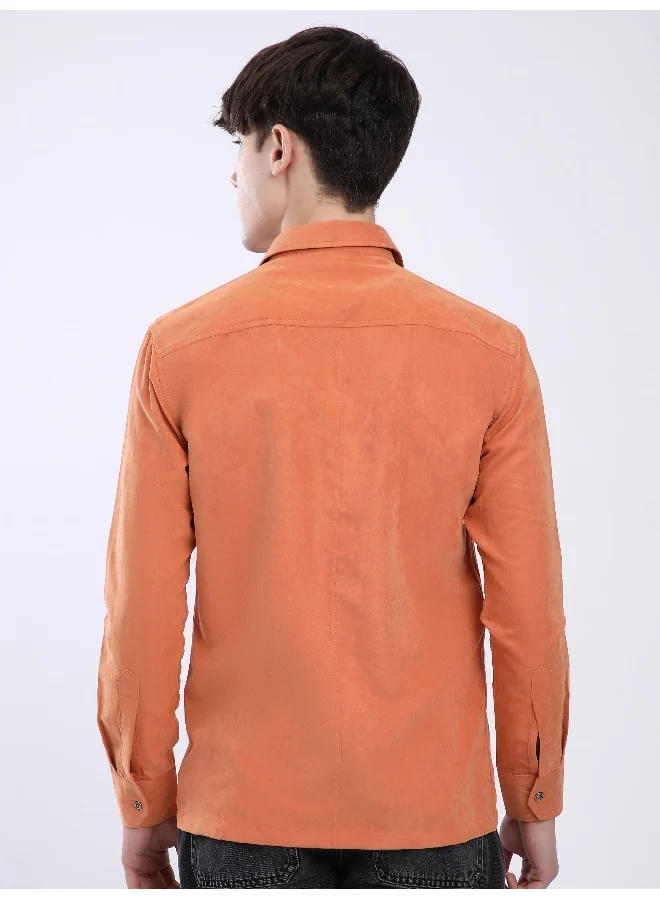 Beyoung Maple Orange Dual Pocketed Suede Shirt