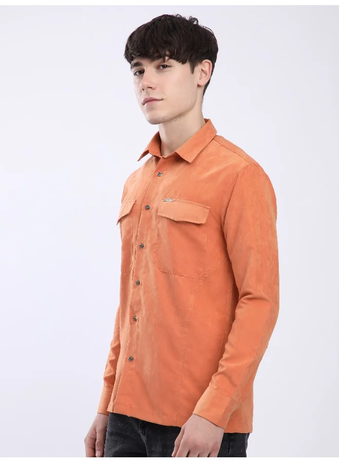 Beyoung Maple Orange Dual Pocketed Suede Shirt