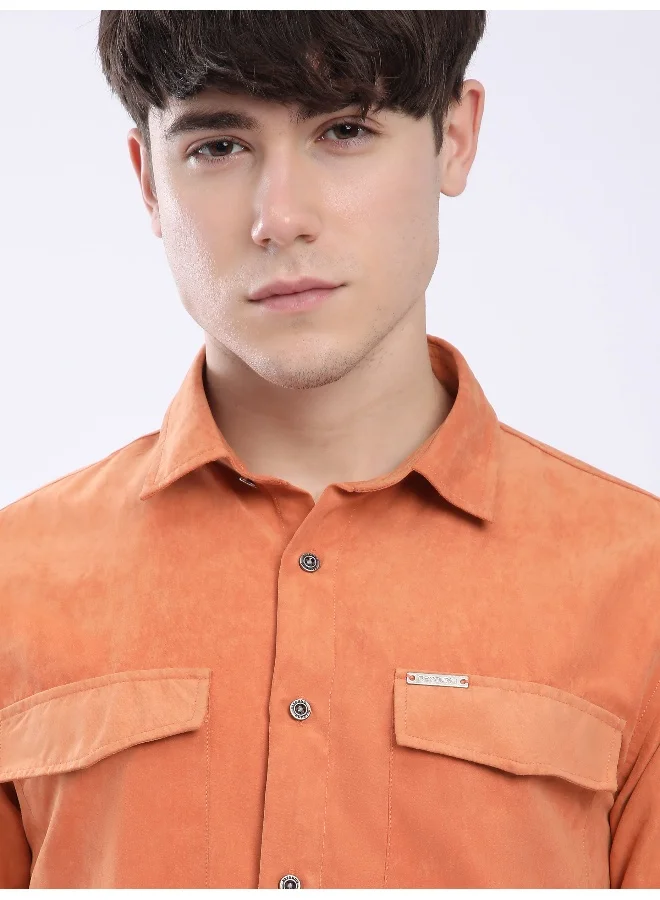 Beyoung Maple Orange Dual Pocketed Suede Shirt