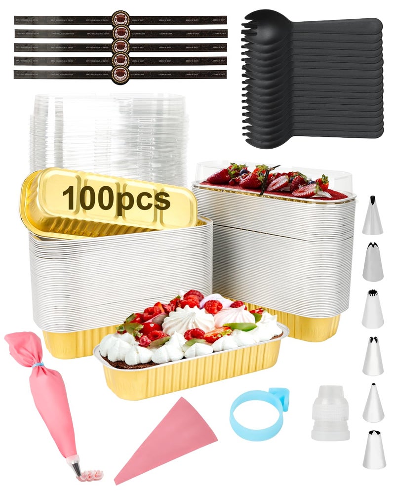 YQER 100 Pack Mini Cake Pans with Lids Spoons & 1 Piping Bag and Tips Set â€“ 6.8oz Disposable Aluminum Foil Yellow Mini Loaf Pans for Cake Tins, Baking, Gift & Parties - Image 1