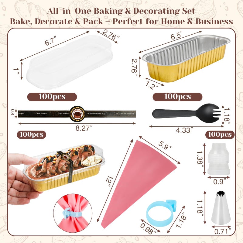 YQER 100 Pack Mini Cake Pans with Lids Spoons & 1 Piping Bag and Tips Set â€“ 6.8oz Disposable Aluminum Foil Yellow Mini Loaf Pans for Cake Tins, Baking, Gift & Parties - Image 2