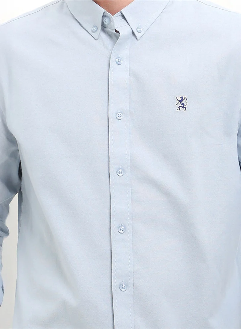 GIORDANO Men's Cotton Oxford Shirt - Small Lion Embroidery, Slim Fit, Full Button