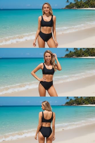 Tempt Me Women Black Two Piece Scoop Neck Bikini Crop Top Swimsuit Sporty High Waisted Bathing Suit Suit M - Image 3