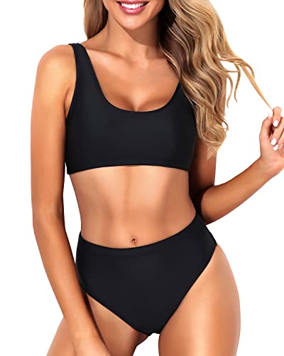 Tempt Me Women Black Two Piece Scoop Neck Bikini Crop Top Swimsuit Sporty High Waisted Bathing Suit Suit M - Image 1