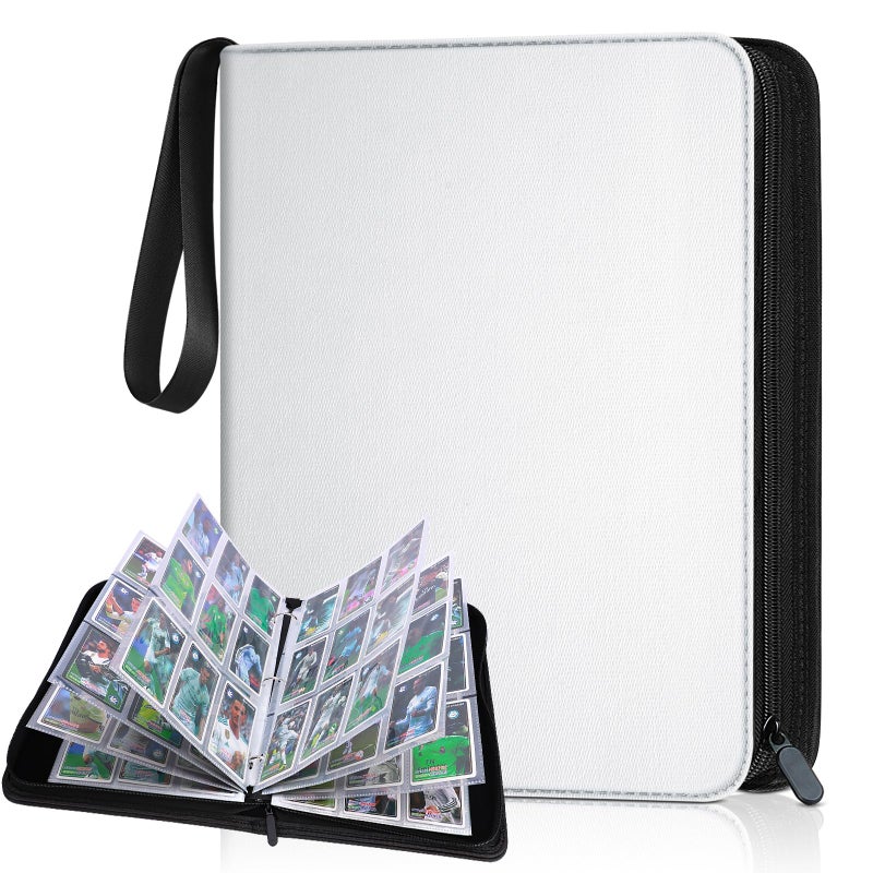 Kitoyz Trading Card Binder Album PU Leather Baseball Card Binder with 900 Side Loading Pockets Double Sided Pocket Zipper Card Binder for TCG Game Cards Sports Cards White