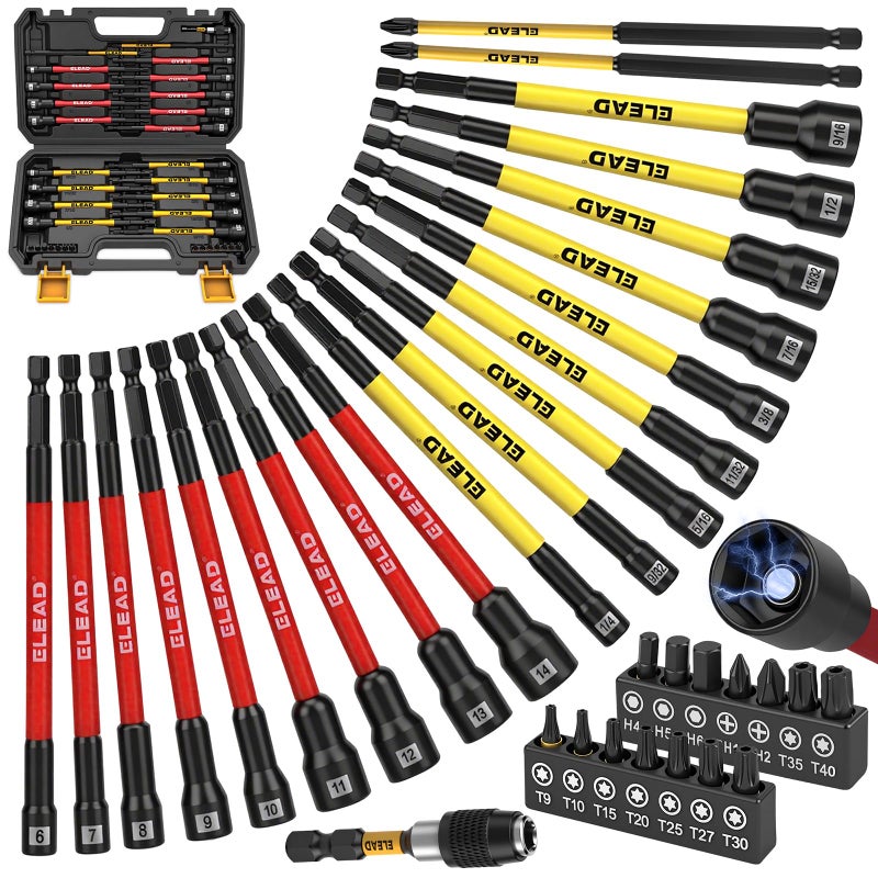 ELEAD Magnetic Nut Driver Bit Set, 35-Piece Extra Long Nut Driver Set for Impact Drill, Metric & SAE, PH1 & PH2 Screwdriver Bits 1/4 Drive Shank Adapter Extension, Durable for Professional Projects - Image 1
