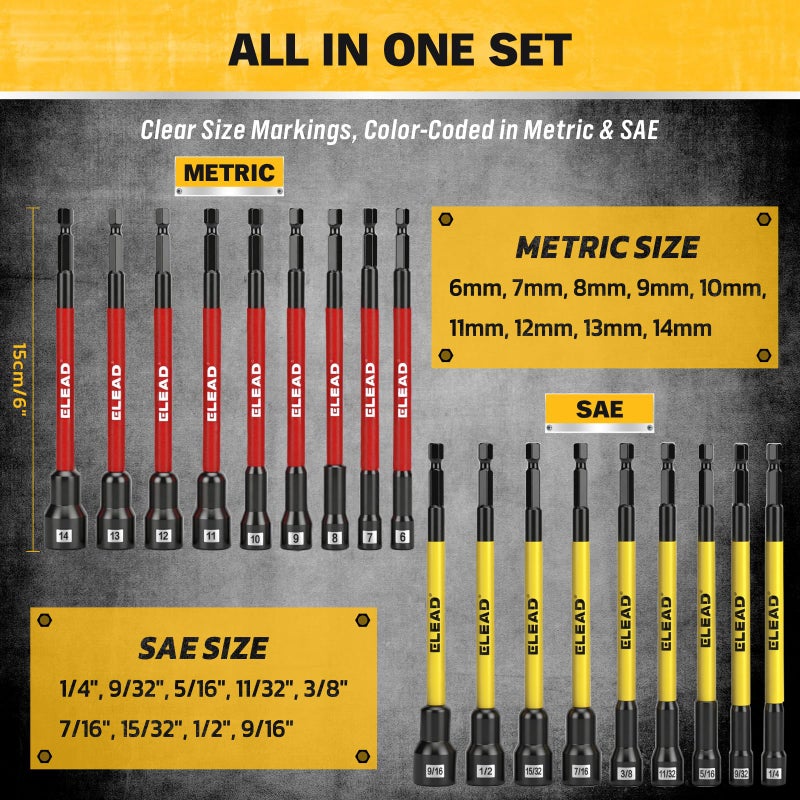 ELEAD Magnetic Nut Driver Bit Set, 35-Piece Extra Long Nut Driver Set for Impact Drill, Metric & SAE, PH1 & PH2 Screwdriver Bits 1/4 Drive Shank Adapter Extension, Durable for Professional Projects - Image 2