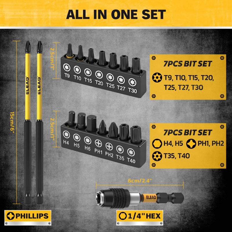 ELEAD Magnetic Nut Driver Bit Set, 35-Piece Extra Long Nut Driver Set for Impact Drill, Metric & SAE, PH1 & PH2 Screwdriver Bits 1/4 Drive Shank Adapter Extension, Durable for Professional Projects - Image 3