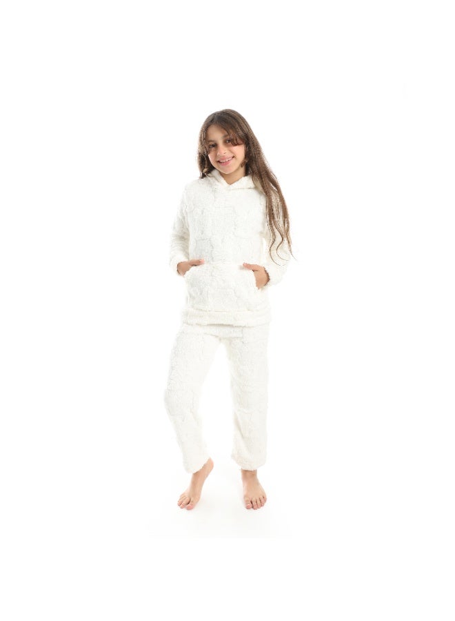Andora Self Patterened Long Sleeves Hooded Pijama-White - Image 1