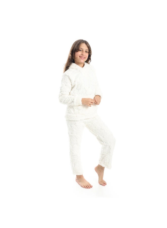 Andora Self Patterened Long Sleeves Hooded Pijama-White - Image 3