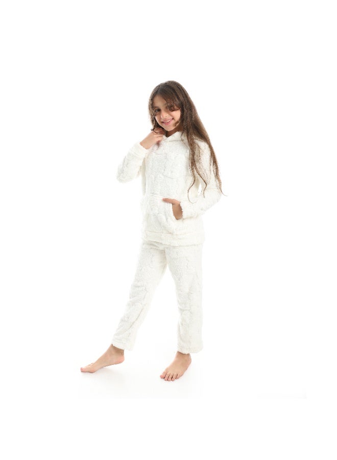 Andora Self Patterened Long Sleeves Hooded Pijama-White - Image 5