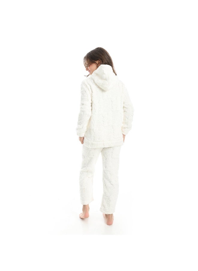 Andora Self Patterened Long Sleeves Hooded Pijama-White - Image 2