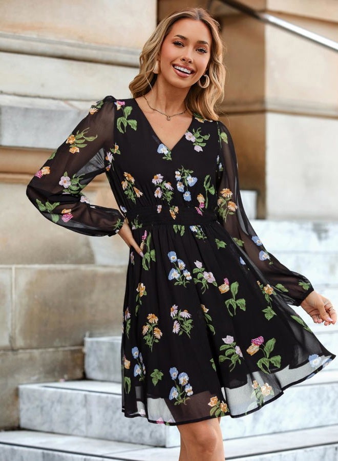 SIMPLEE Womens Floral Mini Dress Long Sleeve Casual V Neck Chiffon Modest Boho Flowy Fall Wedding Guest Dresses, Floral-black 1, XL - Image 3