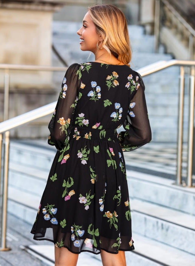 SIMPLEE Womens Floral Mini Dress Long Sleeve Casual V Neck Chiffon Modest Boho Flowy Fall Wedding Guest Dresses, Floral-black 1, XL - Image 4