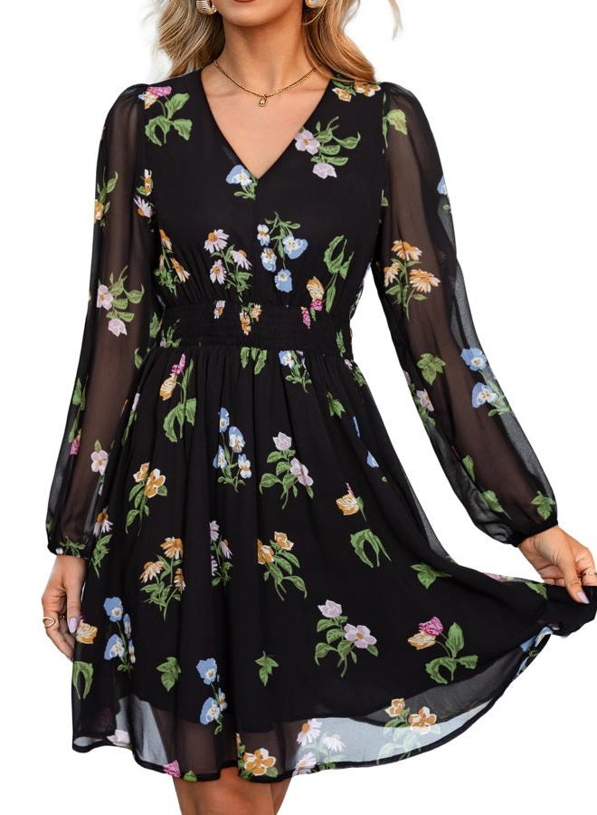 SIMPLEE Womens Floral Mini Dress Long Sleeve Casual V Neck Chiffon Modest Boho Flowy Fall Wedding Guest Dresses, Floral-black 1, XL - Image 1