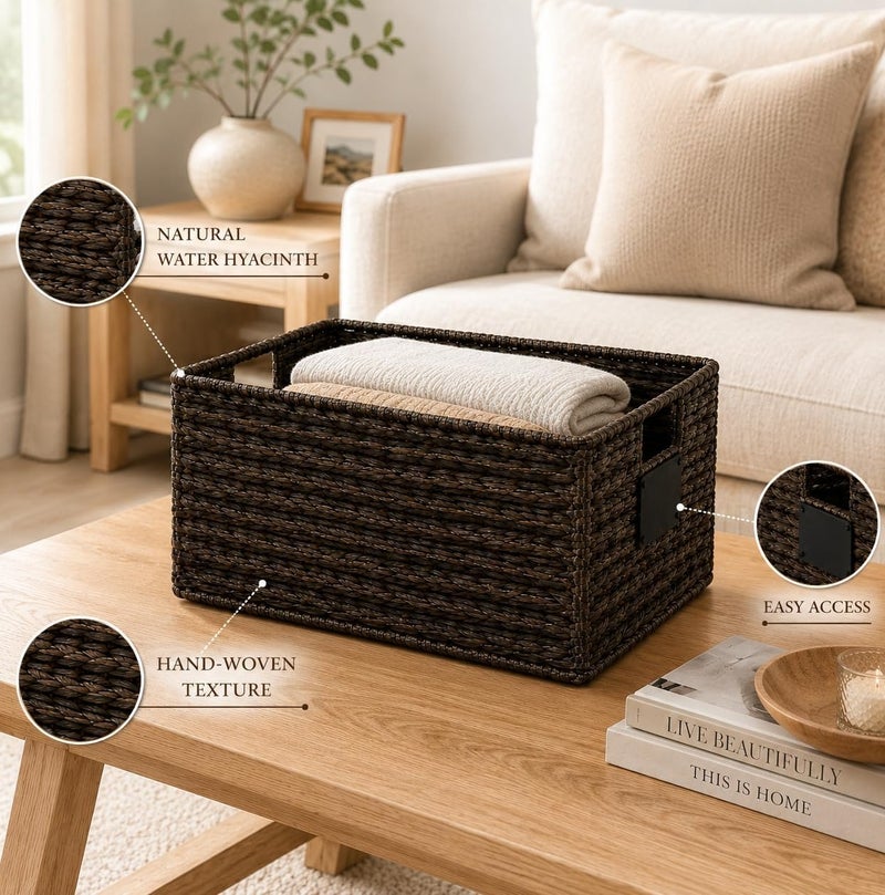 Homesmiths Mocha Water Hyacinth Storage Basket with Handle – Small, Eco-Friendly Woven Seagrass Basket for Home Organization, Bedroom, Living Room, Bathroom & Toy Storage - Image 2