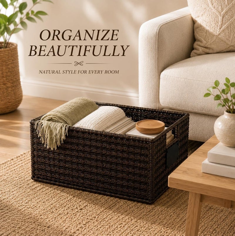Homesmiths Mocha Water Hyacinth Storage Basket with Handle – Small, Eco-Friendly Woven Seagrass Basket for Home Organization, Bedroom, Living Room, Bathroom & Toy Storage - Image 3