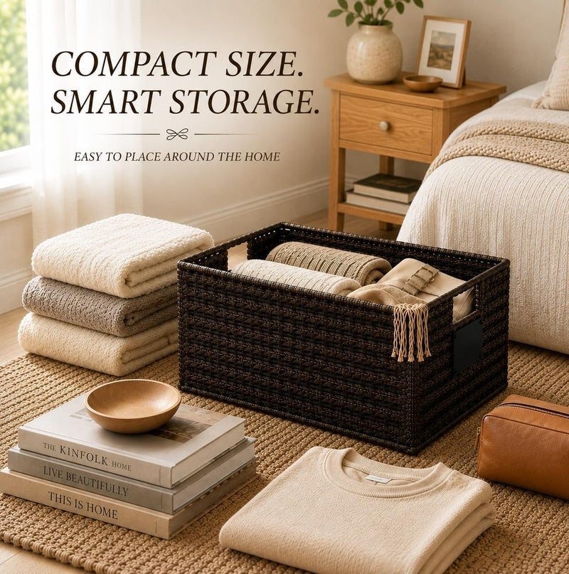 Homesmiths Mocha Water Hyacinth Storage Basket with Handle – Small, Eco-Friendly Woven Seagrass Basket for Home Organization, Bedroom, Living Room, Bathroom & Toy Storage - Image 4