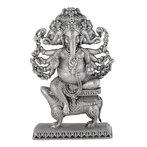 PRD CARATCAFE Silver Ganesha Panchmukhi (5 Heads) Idol for Car/Home/Office Pure 925 Solid Chandi Metal Idol of Ganesha & Mouse Antique Look Gift for All Occasions & Festivals - Image 1