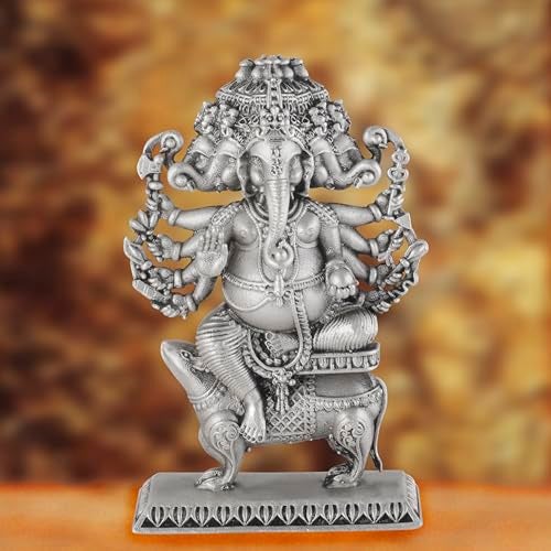 PRD CARATCAFE Silver Ganesha Panchmukhi (5 Heads) Idol for Car/Home/Office Pure 925 Solid Chandi Metal Idol of Ganesha & Mouse Antique Look Gift for All Occasions & Festivals - Image 4