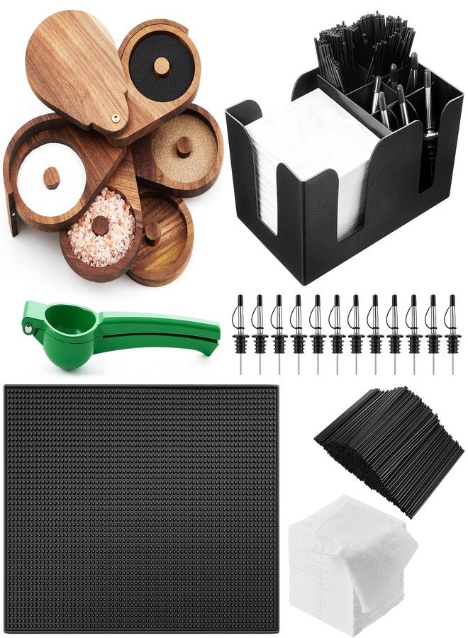 Mifoci Acacia Wood 5 Tier Margarita Salt Rimmer Set with 4 Sponges 12 Bottle Pourers, Bar Caddy, Lemon Squeezer, Bar Mat 1000 Cocktail Stirrers 200 Napkins for Home Bar Party Bartender Gifts Supplies - Image 1