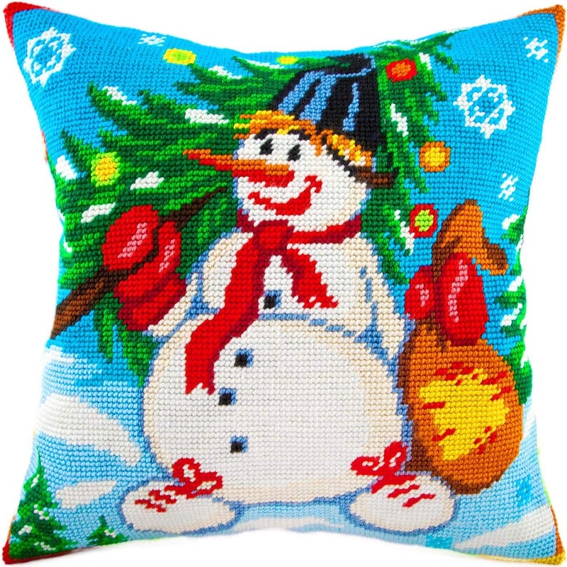 Brvsk Winter Needlepoint Kit for Adults and Beginners — Snowman 16″ × 16″ with Clear, Precise Printed Design on Cotton Canvas; Includes 2 Needles, Yarn, and Easy-Read Chart - Image 1