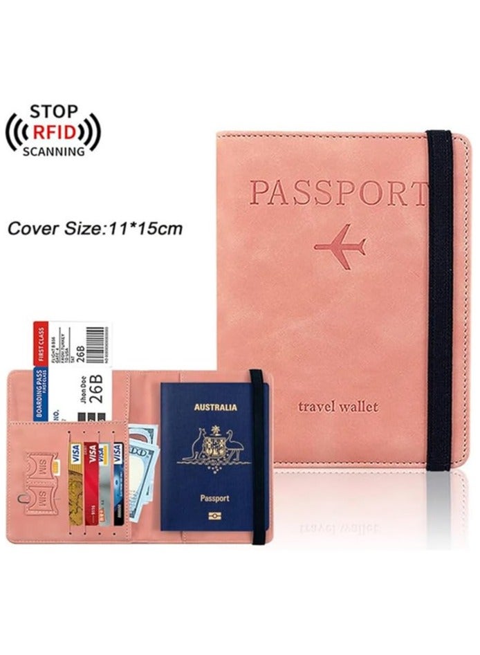 حافظة جواز سفر للسفر مع حزام مرن، منظم مستندات من الجلد الصناعي مع خاصية تحديد الهوية بموجات الراديو، لبطاقات الائتمان والهوية وبطاقات الصعود (وردي) - Image 1