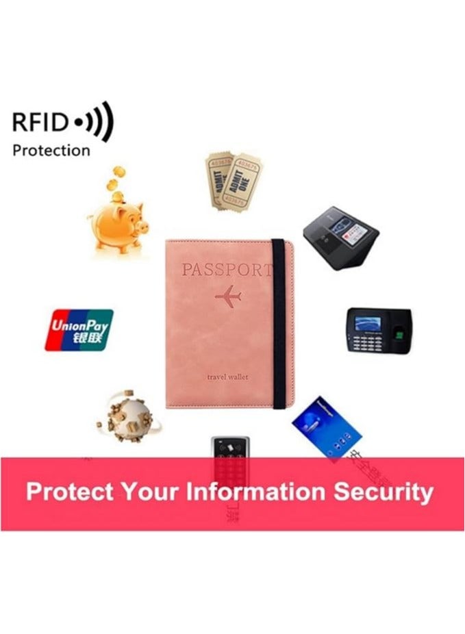 حافظة جواز سفر للسفر مع حزام مرن، منظم مستندات من الجلد الصناعي مع خاصية تحديد الهوية بموجات الراديو، لبطاقات الائتمان والهوية وبطاقات الصعود (وردي) - Image 2
