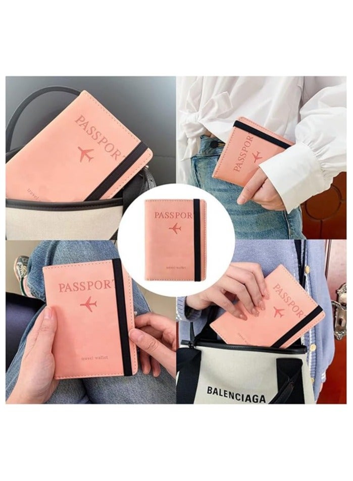 حافظة جواز سفر للسفر مع حزام مرن، منظم مستندات من الجلد الصناعي مع خاصية تحديد الهوية بموجات الراديو، لبطاقات الائتمان والهوية وبطاقات الصعود (وردي) - Image 3