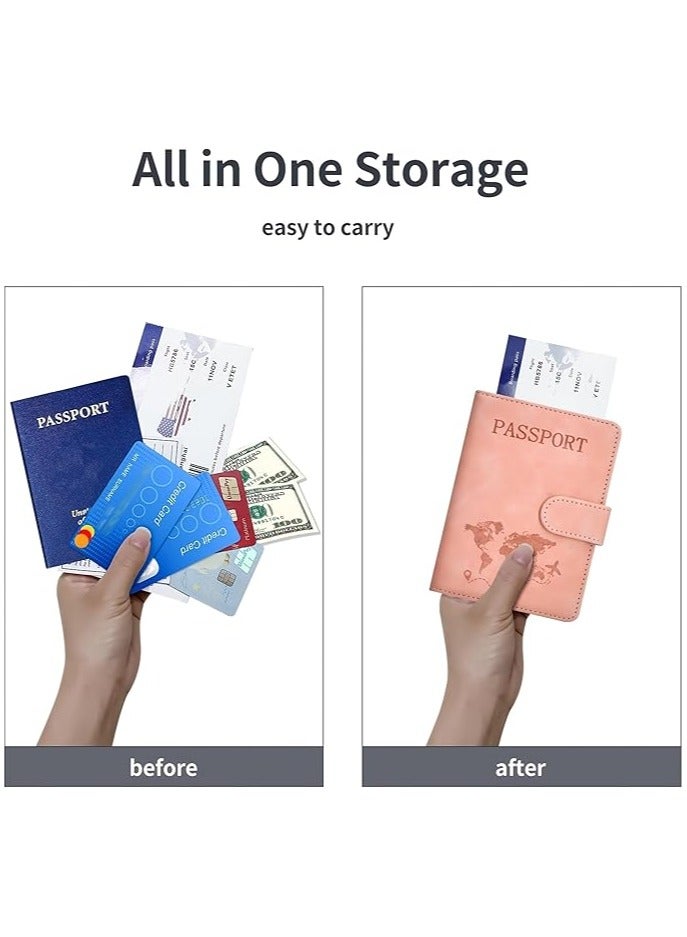 حافظة جواز سفر للسفر مع حزام مرن، منظم مستندات من الجلد الصناعي مع خاصية تحديد الهوية بموجات الراديو، لبطاقات الائتمان والهوية وبطاقات الصعود (وردي) - Image 4