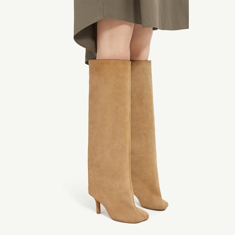 UBWDU Wide Calf Knee High Boots Women Tall Boots Suede Square Toe Stiletto Suede Boots High Heel Long Booties Nude 8.5 - Image 3