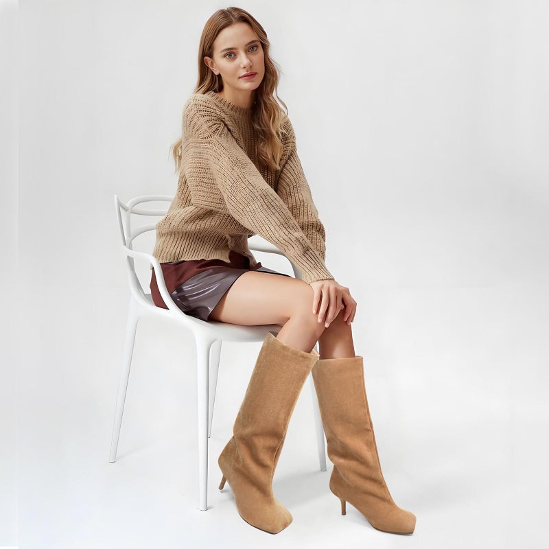UBWDU Wide Calf Knee High Boots Women Tall Boots Suede Square Toe Stiletto Suede Boots High Heel Long Booties Nude 8.5 - Image 2