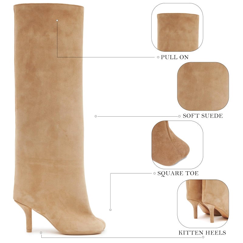 UBWDU Wide Calf Knee High Boots Women Tall Boots Suede Square Toe Stiletto Suede Boots High Heel Long Booties Nude 8.5 - Image 4