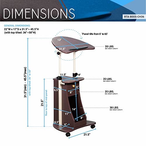 Techni Mobili Sit-to-Stand Rolling Adjustable Storage Medical Laptop Computer Cart, Chocolate, B005 - Image 4