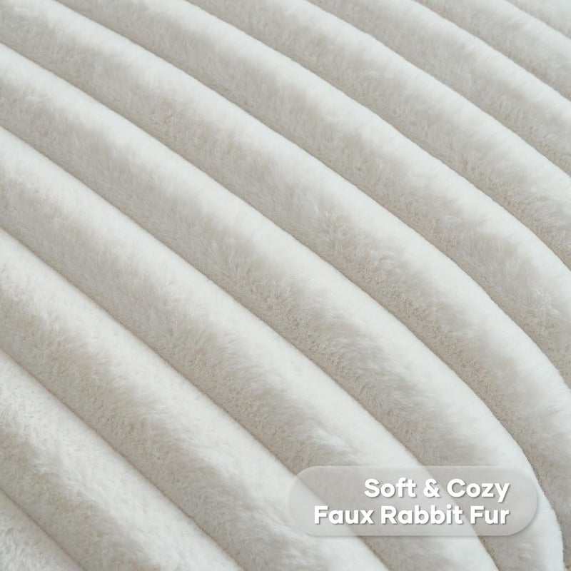 FUTEI Cream White Striped Decorative Throw Pillow Covers 16x16 Inch Set of 2,Square Winter Decorations Couch Pillow Case,Soft Cozy Faux Rabbit Fur & Velvet Back,Modern Home Decor for Bed - Image 2